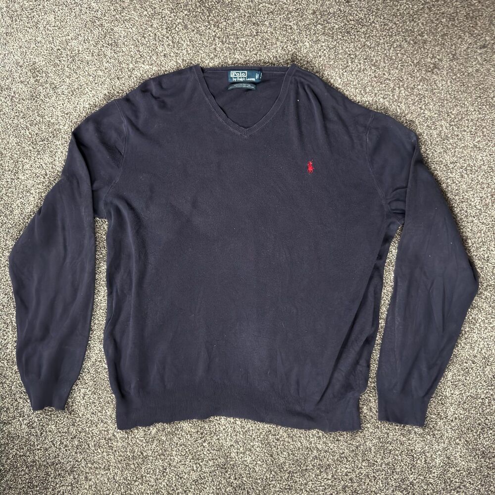 Polo Ralph Lauren V-Neck Sweater Men XL purple 100% Pima Cotton Red Pony